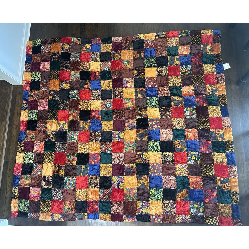 Vintage 70s Velvet Patchwork Quilt Bedspread Hippie Whimsical Retro Queen/Full